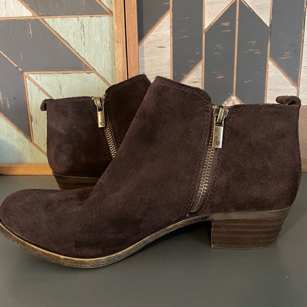 Lucky Brand Basel Suede Ankle Booties Brown Double Zip Womens 8 M